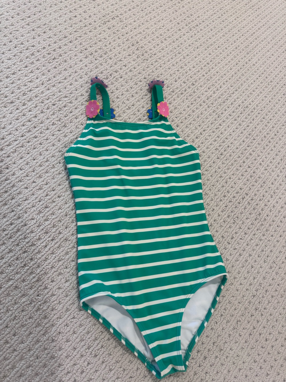 Mini Boden Green and White Striped One-Piece Swimsuit with Floral Straps